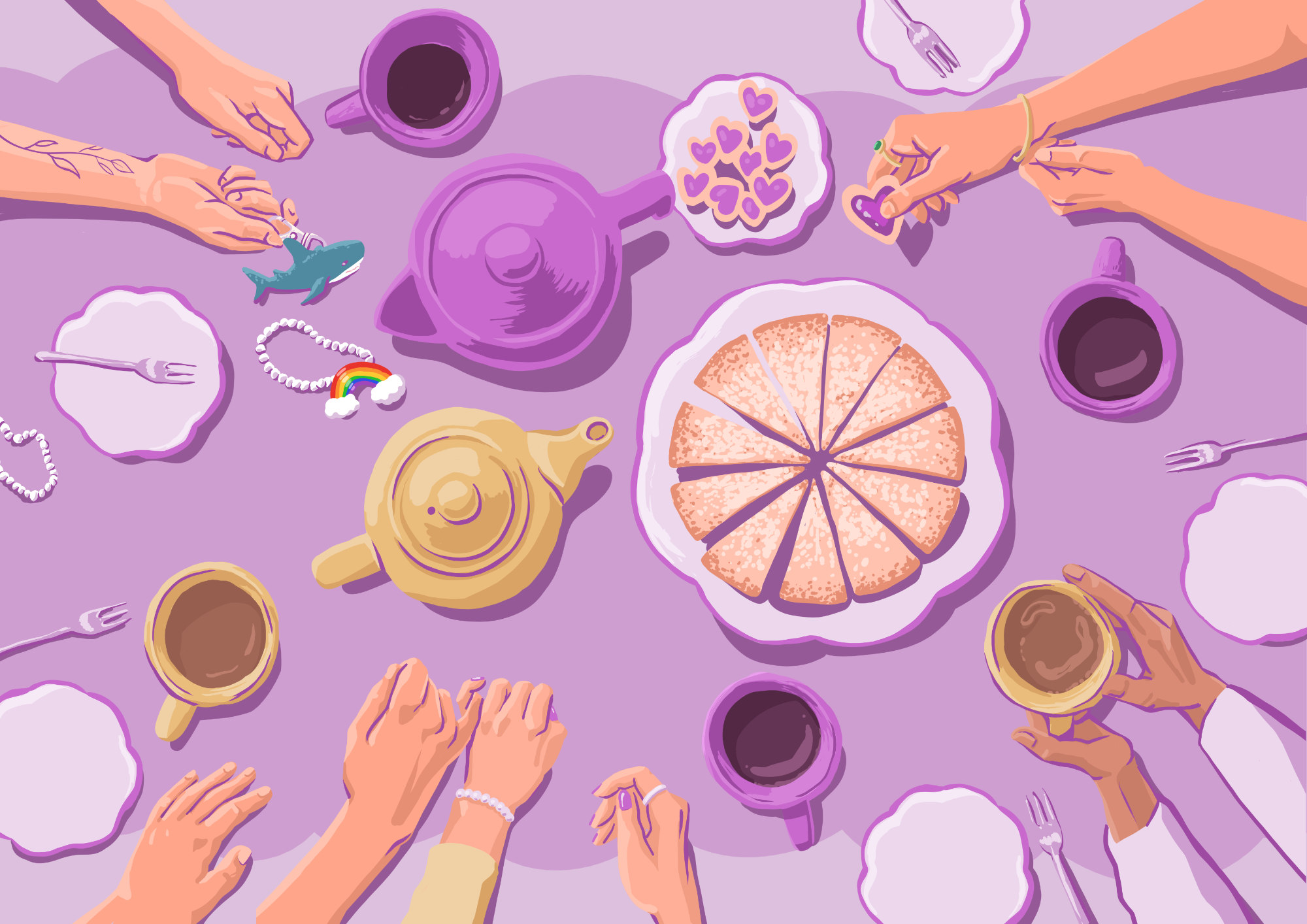 Illustration eines gedeckten Tisches mit Tassen und vielen Armen.