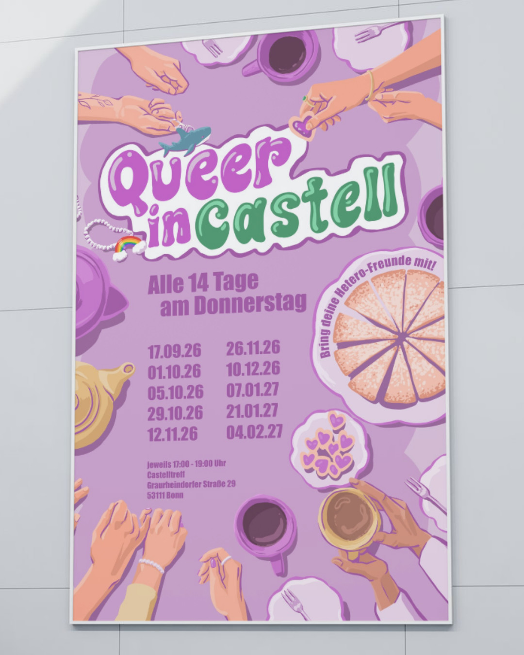 Poster mit einer Illustration eines gedeckten Tisches mit Tassen und vielen Armen.