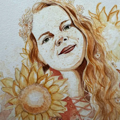 Aquarellbild von einer jungen Frau mit Sonnenblumen.