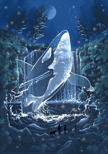 Illustration eines Geisterwals im Wald bei Nacht.