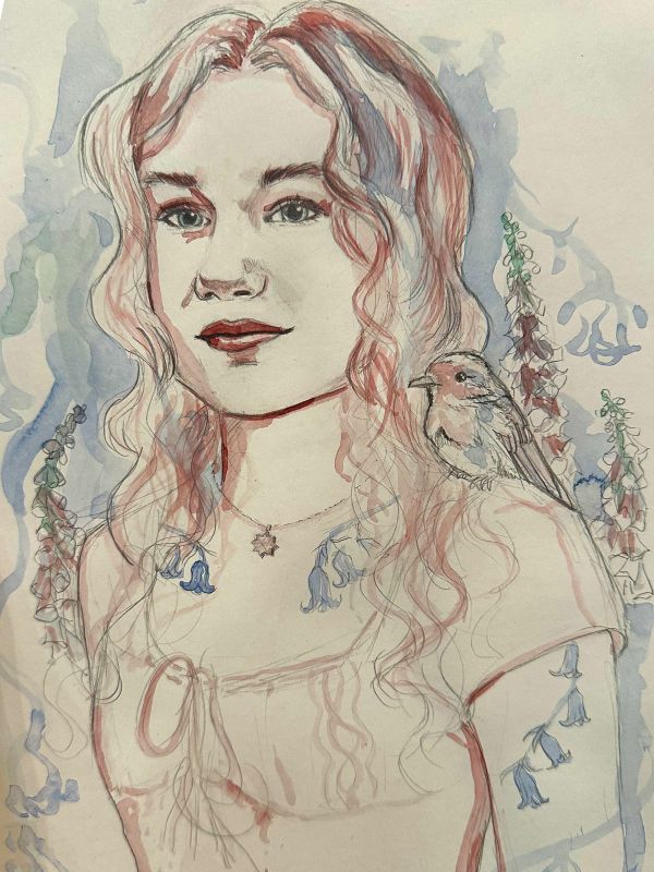 Aquarellportrait von einem Mädchen mit einem Vogel auf der Schulter
