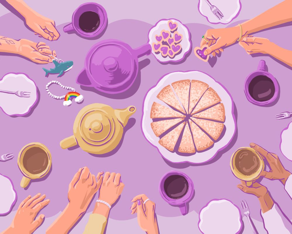 Illustration eines gedeckten Tisches mit vielen Armen von verschiedenen Menschen, Tassen, Keksen und Kuchen.
