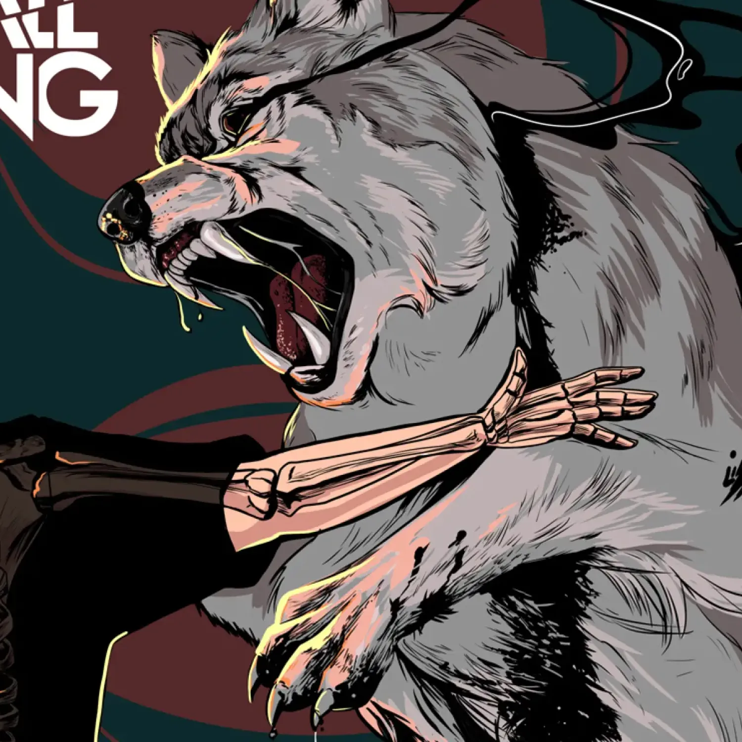 Illustration von einem Wolf mit offenem Maul.