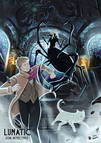 Illustration eines rennenden Manns, einer Katze und einer Spinnenfrau.