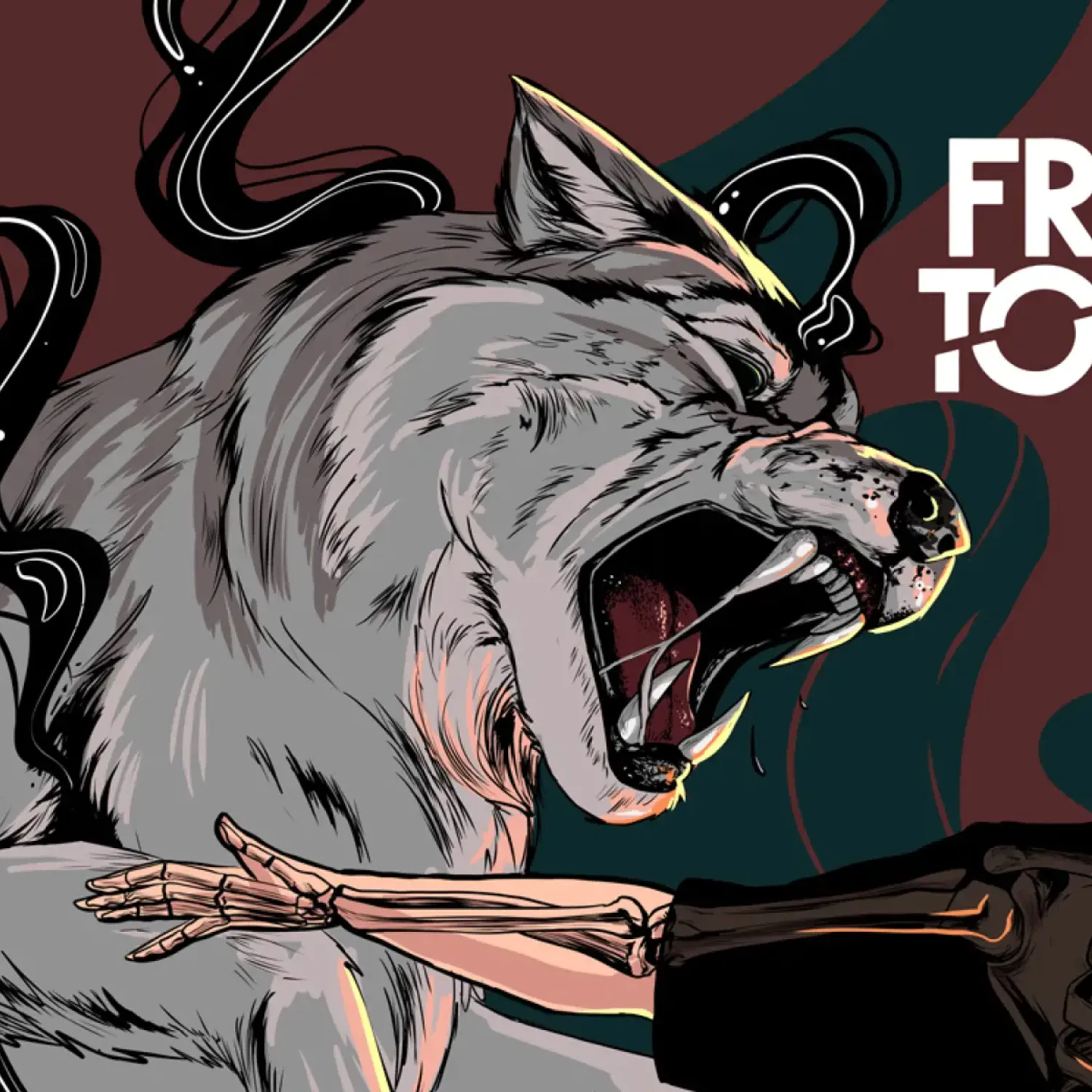 Illustration von einem Wolf mit offenem Maul.