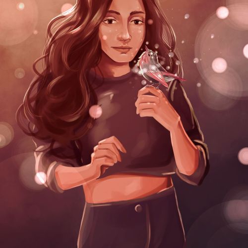 Illustration von einem Mädchen mit kleinem Vogel auf der Hand