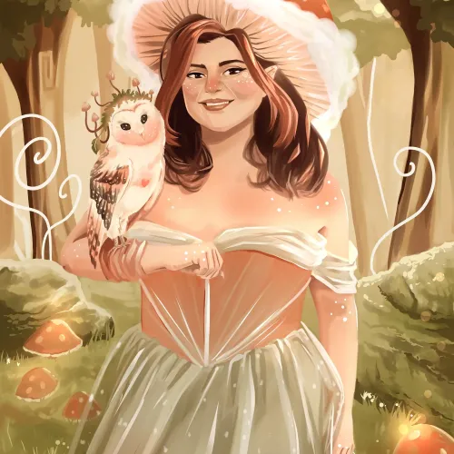 Illustration von einem Mädchen mit Pilzhut.