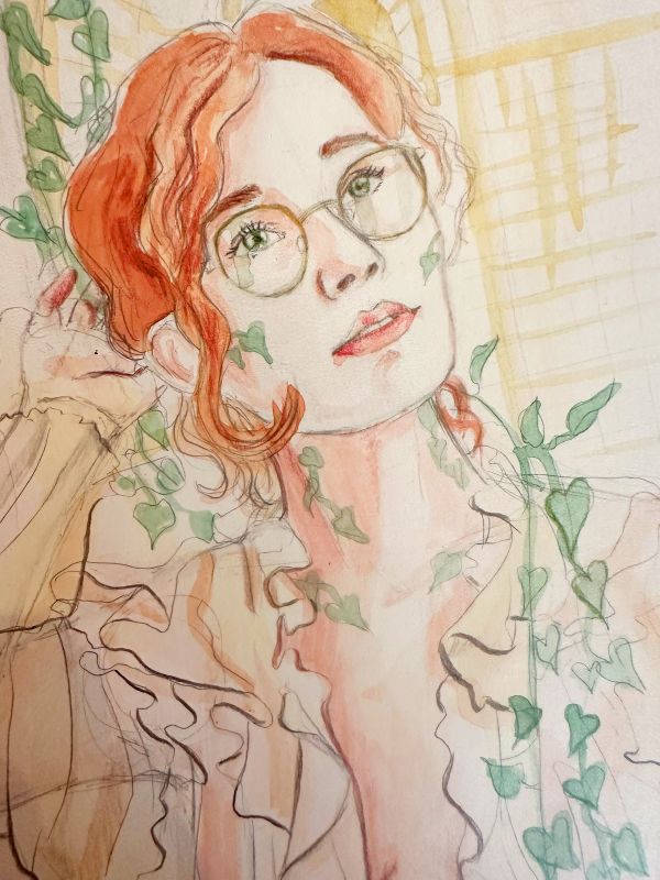 Aquarellportrait einer Frau mit Pflanzen